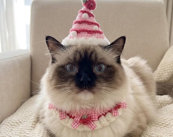 Handmade Crochet Pink Strawberry Cat Hat | Pet Birthday Costume Photo Prop | Cat Party Outfit | Gifts for Kitten