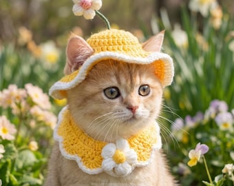 Virkad kattmössa med prästkrageblomma | Söt gul husdjursmössa | Handgjord kattungemössa | Kattkostymrekvisita | Liten hundmössa fotorekvisita