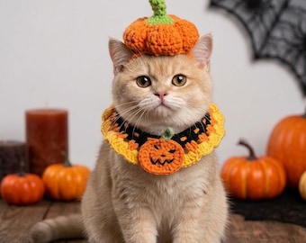 Conjunto de disfraz de Halloween para gatos / Gorro y collar de calabaza de ganchillo para gatos / Babero ajustable para gatitos / Divertido accesorio para fotos / Regalo hecho a mano para gatos