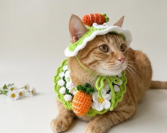 Cute Crochet Carrot Cat Collar Kitten Strawberry Pet Collar Handmade Green Cat Hats Cat Accessory Cute Kitten Photo Prop Gift for Cats