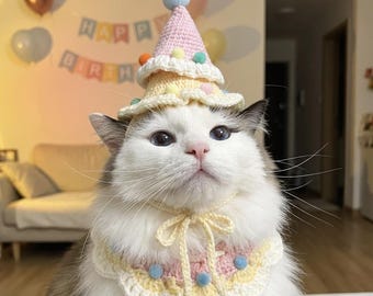 Cute Cat Birthday Outfit Crochet Collar for Cats Clothes Knitted Neckwear Cute Cat Hat Handmade Cat Accessory Adjustable Bib Cat Lover Gift