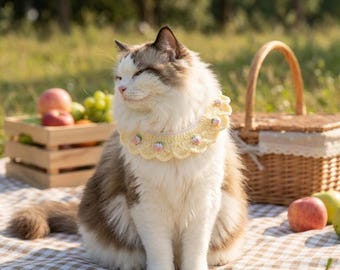 Cute Soft Cream Crochet Collar with Strawberry Detail | Ruffle Pet Collar for Cat Clothes Knit Neckwear Outfit Handmade Cat Accessory Gift