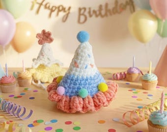 Crochet Mini Cute Birthday Cat Hat Crochet | Party Hat for Cats & Small Dogs | Colorful Pet Costume Kitten Photo Prop Outfit Gift for Kitten