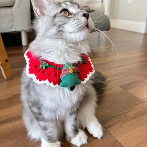 Cute Christmas Crochet Cat Collar Clothes for Cats Pet Costume Cat Outfit Fashion Wear Handmade Cat Accessory Red Bell Neckwear Green Bib image 7