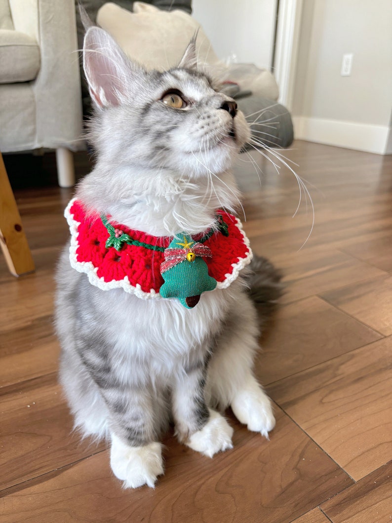 Cute Christmas Crochet Cat Collar Clothes for Cats Pet Costume Cat Outfit Fashion Wear Handmade Cat Accessory Red Bell Neckwear Green Bib image 7