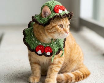 Handmade Crochet Mushroom Cat Hat Collar | Green Cottagecore Pet Costume | Funny Cat Kitten Photo Prop | Cute Cat Outfit | Gift for Cats