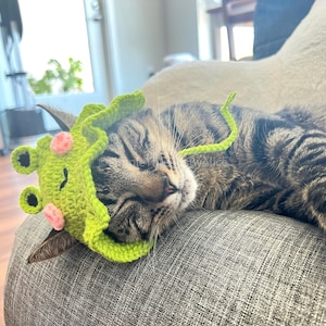 May include: A crocheted green frog hat featuring a ruffled brim, two small black and green eyes, and two pink circular accents on the front. The hat includes a long, thin green crocheted string attached to the side, resting on a tabby cat.