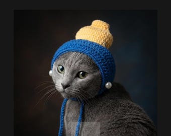 Katt med pärlörhänge | Virkad blå och gul hatt | Söt kattungekostym, husdjursfotorekvisita, handgjord kattdräkt, present till kattälskare