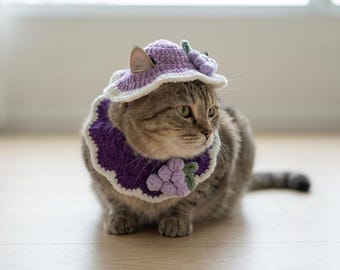 Crochet Purple Cat Hat & Collar Set | Cute Fruit Grape Pet Costume | Handmade Kitten Outfit | Cat Photo Prop | Small Dog Accessory