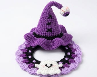Purple Halloween Cat Hat Ghost Collar | Crochet Witch Cat Costume | Spooky Pet Photo Prop | Fun Pet Costume Outfit Cat Clothes Accessory