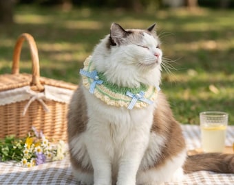 Coleira de crochê verde macia e fofa para gatos com laço, fantasia para animais de estimação, roupa para gatos e gatinhos, roupa para cachorros, feita à mão, ajustável, acessório para fotos de primavera.