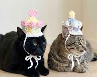 Cute Crochet Birthday Cake Cat Hat | Pastel Star Pink Heart Pet Costume for Cats and Small Dogs | Fun Photo Prop | Handmade Gifts for Cats