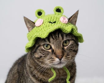 Handmade Soft Crochet Frog Cat Hat | Cute Green Kitten Costume Pet Halloween Outfit Birthday Photo Prop Gift for Cat Lovers Knit Bucket Hat