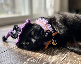 Cat Halloween Outfit Crochet Collar for Cats Clothes Knitted Neckwear Cute Cat Hat Handmade Cat Accessory Adjustable Bib Cat Lover Gift