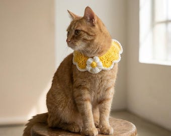 Virkat katthalsband med prästkrageblomma | Gult husdjurshalsband Söt kattungeoutfit Handgjort katttillbehör Husdjursfototillbehör Presenter för kattälskare