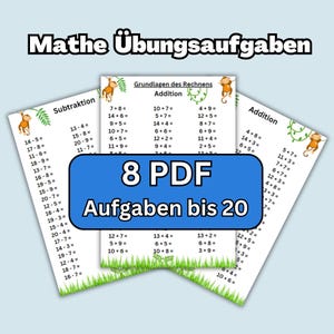 Math practice tasks Math learning material, 8 PDF pages addition and subtraction tasks for preschoolers and elementary school students up to 20