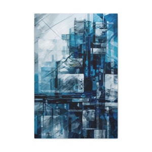 Può includere: Dipinto astratto con un design geometrico in tonalità di blu e grigio. Il dipinto presenta una varietà di forme e linee, creando un senso di profondità e movimento.