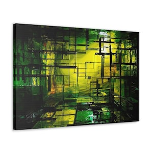 Può includere: Stampa d'arte astratta con un motivo geometrico verde e giallo di quadrati e rettangoli sovrapposti. Il motivo crea un senso di profondità e prospettiva, come se si guardasse dentro un tunnel o un labirinto.