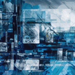 Può includere: Dipinto digitale astratto con uno schema di colori blu, bianco e grigio. Il dipinto presenta forme geometriche e linee, creando un senso di profondità e movimento.