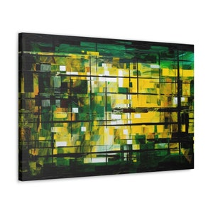 Può includere: Dipinto astratto con uno schema di colori verde e giallo. Il dipinto presenta un motivo a griglia con quadrati e rettangoli sovrapposti.