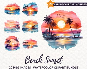 Pacchetto clipart acquerello spiaggia tramonto - 20 PNG paesaggi oceanici, download istantaneo, uso commerciale