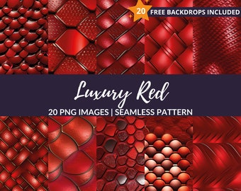 May include: A collection of red digital textures with various patterns, including scales, woven designs, and geometric shapes. The text "Luxury Red" and "20 PNG Images | Seamless Pattern" are displayed.
