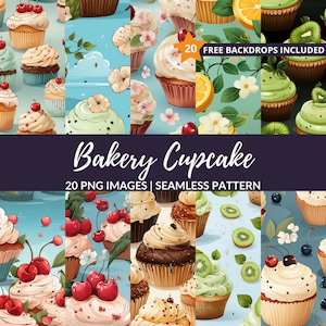 Patrón sin costuras de cupcake de panadería - 20 papel digital de panadería dulce, descarga instantánea, uso comercial