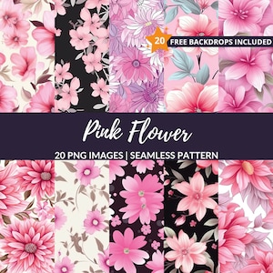 Pink Flower Seamless Pattern - 20 PNG Floral Digital Patterns for Scrapbooking, Instant Download, Commercial Use