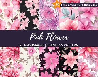 Pink Flower Seamless Pattern - 20 PNG Floral Digital Patterns for Scrapbooking, Instant Download, Commercial Use