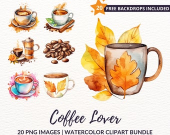 Paquete de imágenes prediseñadas de taza de café de acuarela - 20 imágenes PNG de taza de café y espresso, descarga instantánea, uso comercial