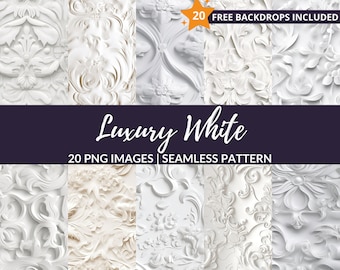 Könnte beinhalten: 20 weiße nahtlose Muster mit einem verzierten, 3D-Blumendesign. Die Muster sind perfekt für digitales Scrapbooking, Website-Hintergründe und mehr. 20 KOSTENLOSE HINTERGRÜNDE INKLUSIVE.