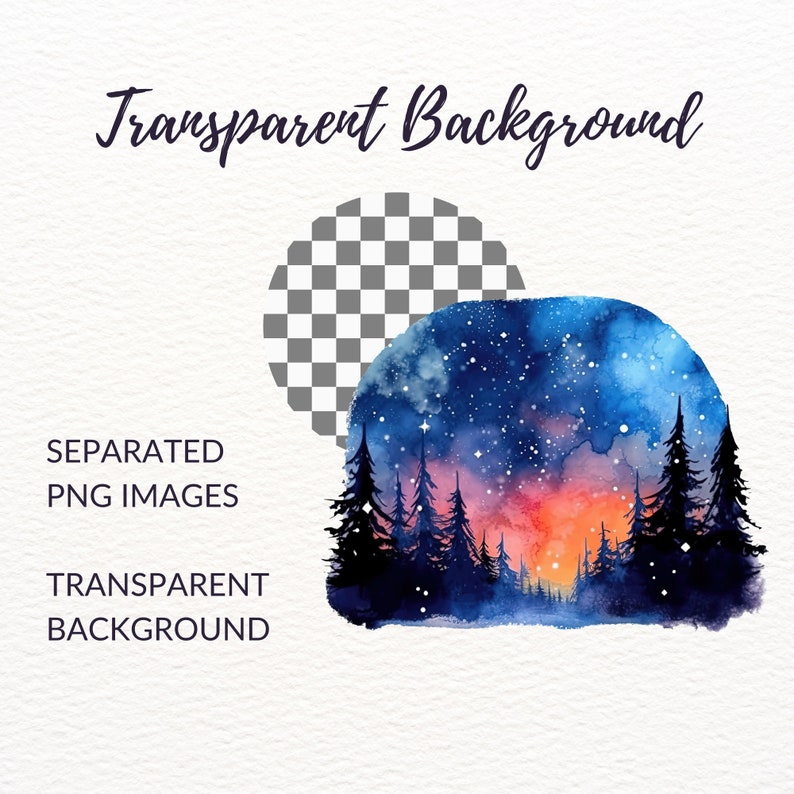 May include: Watercolor painting of a forest with a starry night sky. The sky is a mix of blue, purple, and orange with white stars. The trees are dark silhouettes against the colorful sky.