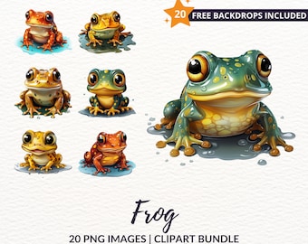 Frog Clipart Bundle - 20 Transparent PNG images for digital crafting projects, Instant Download, Commercial Use