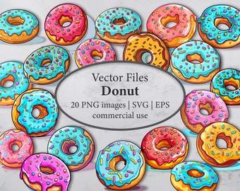 Donut Svg Bundle – Vector Files | 20 PNG, SVG, EPS Files | Instant Download | Commercial Use