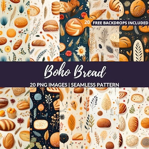 May include: A digital illustration of 20 seamless patterns featuring various types of bread, including sourdough, rye, and baguettes, with floral and foliage elements in a boho style. The text "Boho Bread" and "20 PNG Images | Seamless Pattern" is included in the image.