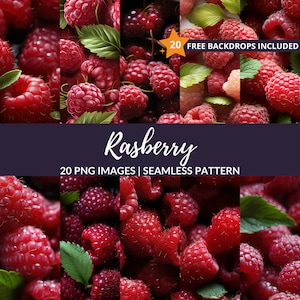May include: A digital collage of 20 high-resolution images of fresh, red raspberries. The images are arranged in a grid pattern and feature close-up views of the raspberries, showcasing their juicy texture and vibrant color. The text "Raspberry" is displayed in a stylized font above the images, along with the phrase "20 PNG Images | Seamless Pattern".