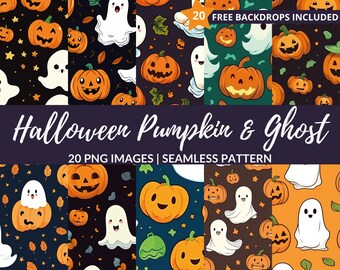 Patrón sin costuras de calabaza y fantasma de Halloween - 20 fondos de papel digital PNG, descarga instantánea, uso comercial