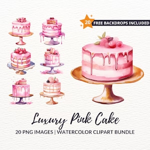 Watercolor Pink Cake Clipart Bundle - 20 Birthday Dessert PNG Graphics, Instant Download, Commercial Use