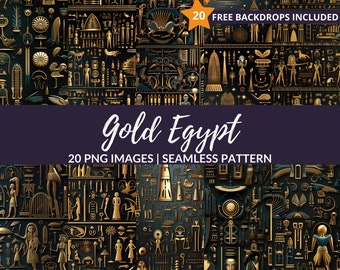 Golden Egypt Seamless Pattern - 20 Ancient Egyptian Hieroglyph Digital Paper, Instant Download, Commercial Use