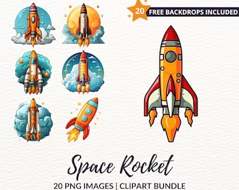 Space Rocket Clipart Bundle - 20 Astronaut and Rocket Ship PNG Images, Instant Download, Commercial Use