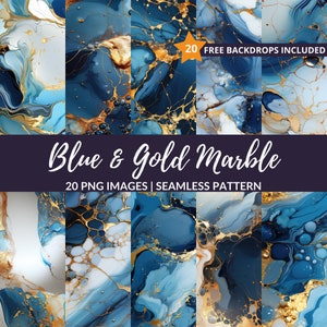 May include: 20 seamless digital paper patterns featuring blue and gold marble designs.  Free backdrops included.