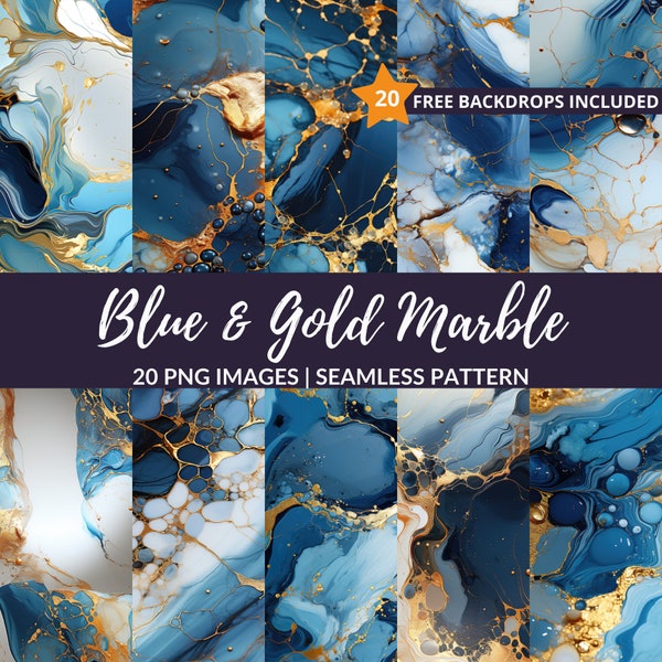 Blue & Gold Marble Seamless Pattern - 20 Marble Texture Digital Paper, Instant Download, Commercial Use