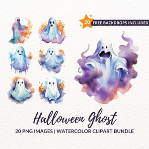 Watercolor Halloween Ghost Clipart Bundle - 20 Spooky Decor Graphics, Instant Download, Commercial Use