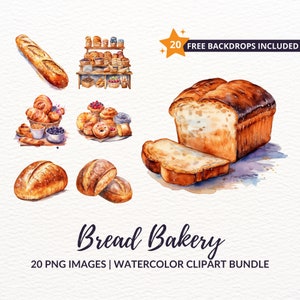 Paquete de imágenes prediseñadas de panadería de pan de acuarela - 20 PNG de productos horneados para creatividad culinaria, descarga instantánea, uso comercial