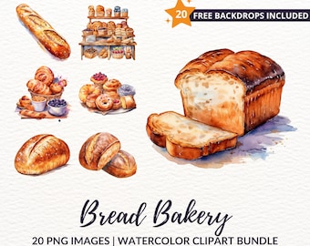 Watercolor Bread Bakery Clipart Bundle - 20 Baked Goods PNGs for Culinary Creativity, Instant Download, Commercial Use