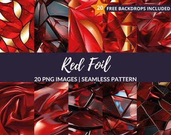 May include: 20 seamless red foil patterns in various textures, including geometric, cracked, and liquid.  20 free backdrops included.  Red Foil - 20 PNG Images | Seamless Pattern