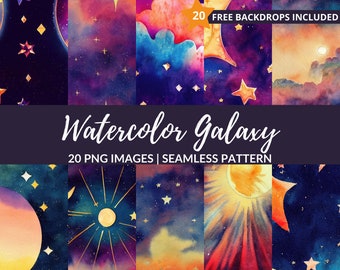 Watercolor Galaxy Seamless Pattern - 20 PNG Celestial Digital Paper, Instant Download, Commercial Use