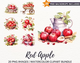 Watercolor Red Apple Clipart Bundle - 20 Digital Fruit PNG Illustrations, Instant Download, Commercial Use