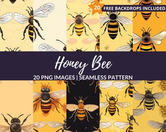 Honey Bee Seamless Pattern - 20PNG Digital Paper Backgrounds, Instant Download, Commercial Use