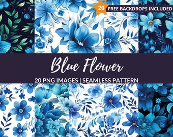 Blue Flower Seamless Pattern - 20 Digital Flower Wedding Backgrounds for Scrapbooking, Instant Download, Commercial Use